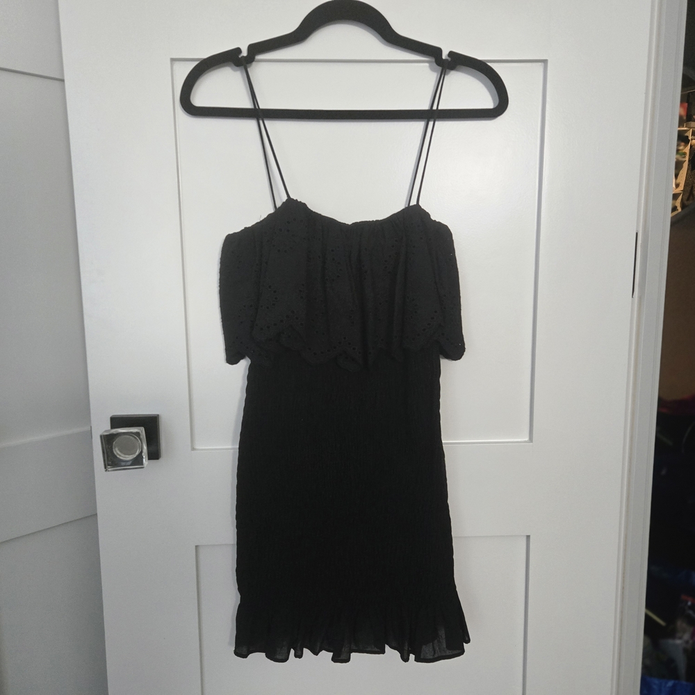 NWT Zara XS Black Spaghetti Strap Mini Dress Ruffled Top Stretch Rouch Bottom - Picture 2 of 11